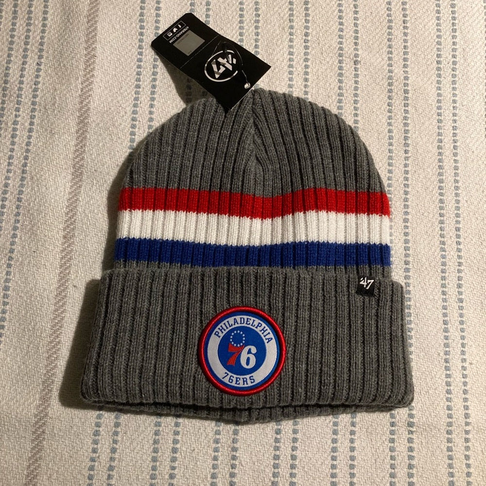 76ers Knit Hat - Gray with Red, White, Blue Stripes (47 Brand)